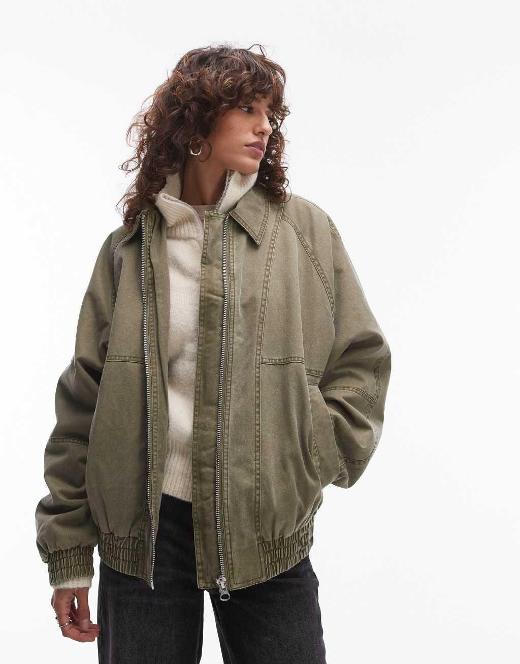 Topshop acid washed bomber jacket in khaki Product Image