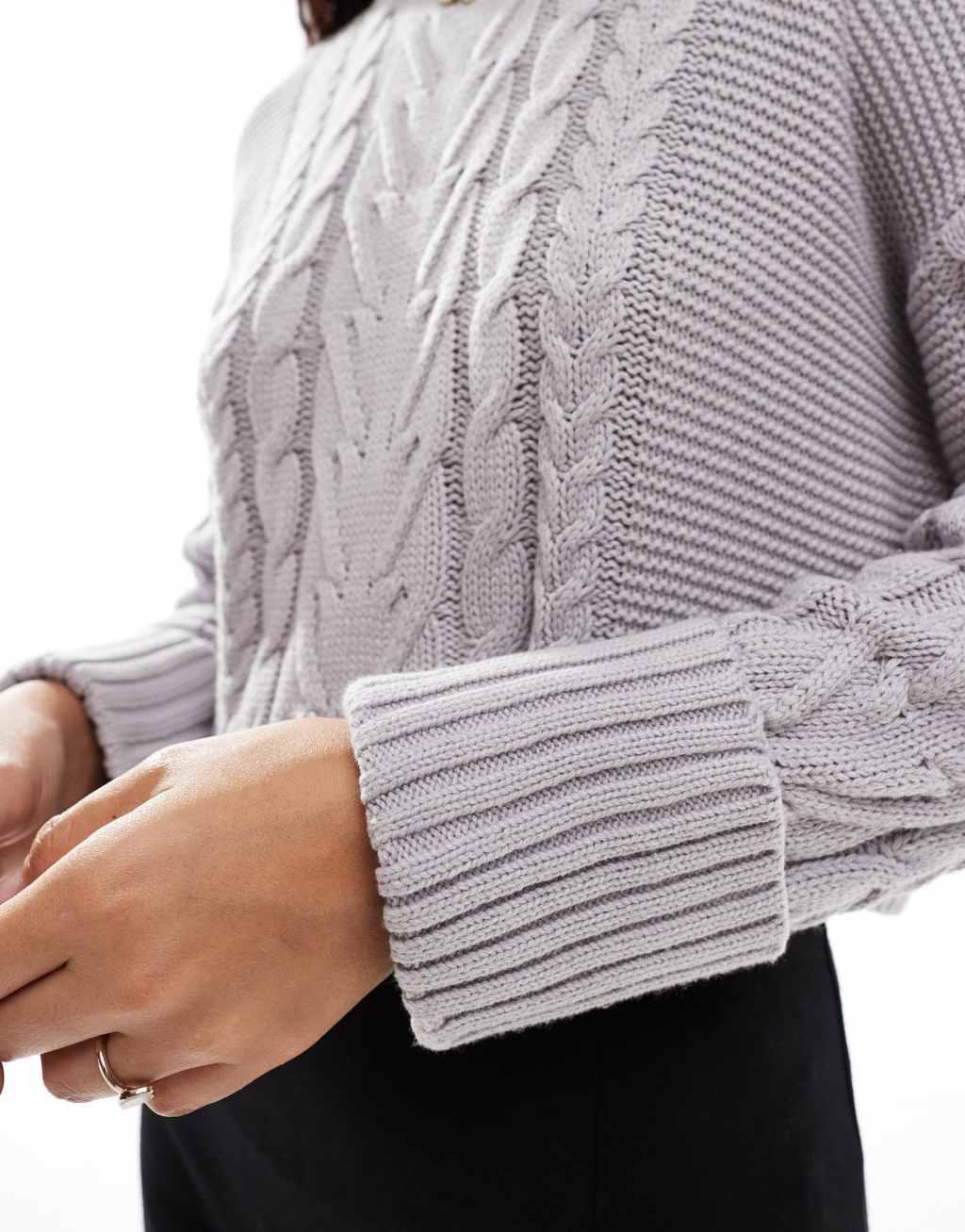 French Connection cropped cable knit sweater in light gray  Product Image