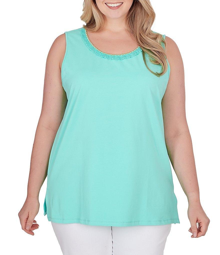 Ruby Rd. Plus Size Knit Embellished Scoop Neck Sleeveless Side Slit Tank Top Product Image