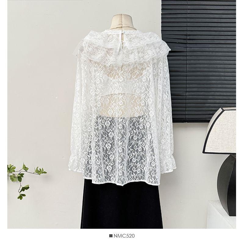 Overfit Ruffled Sheer Lace Blouse Product Image