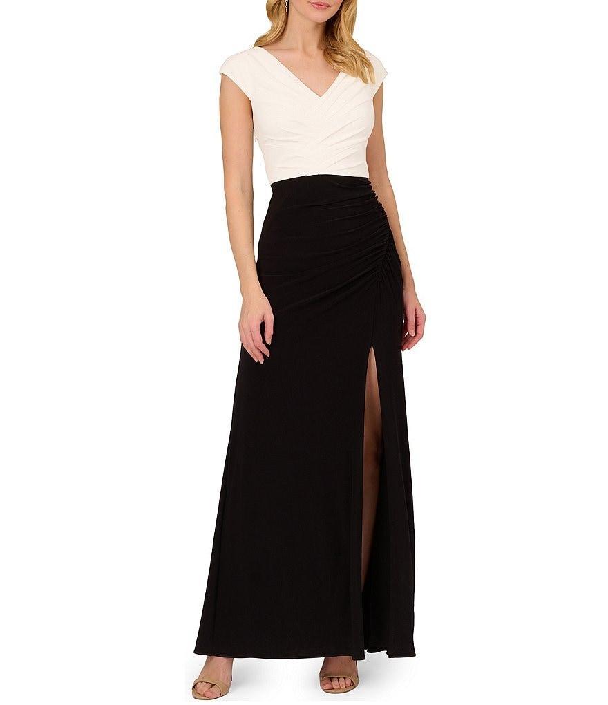 Adrianna Papell Stretch Jersey Pleated V-Neck Cap Sleeve Gown Product Image