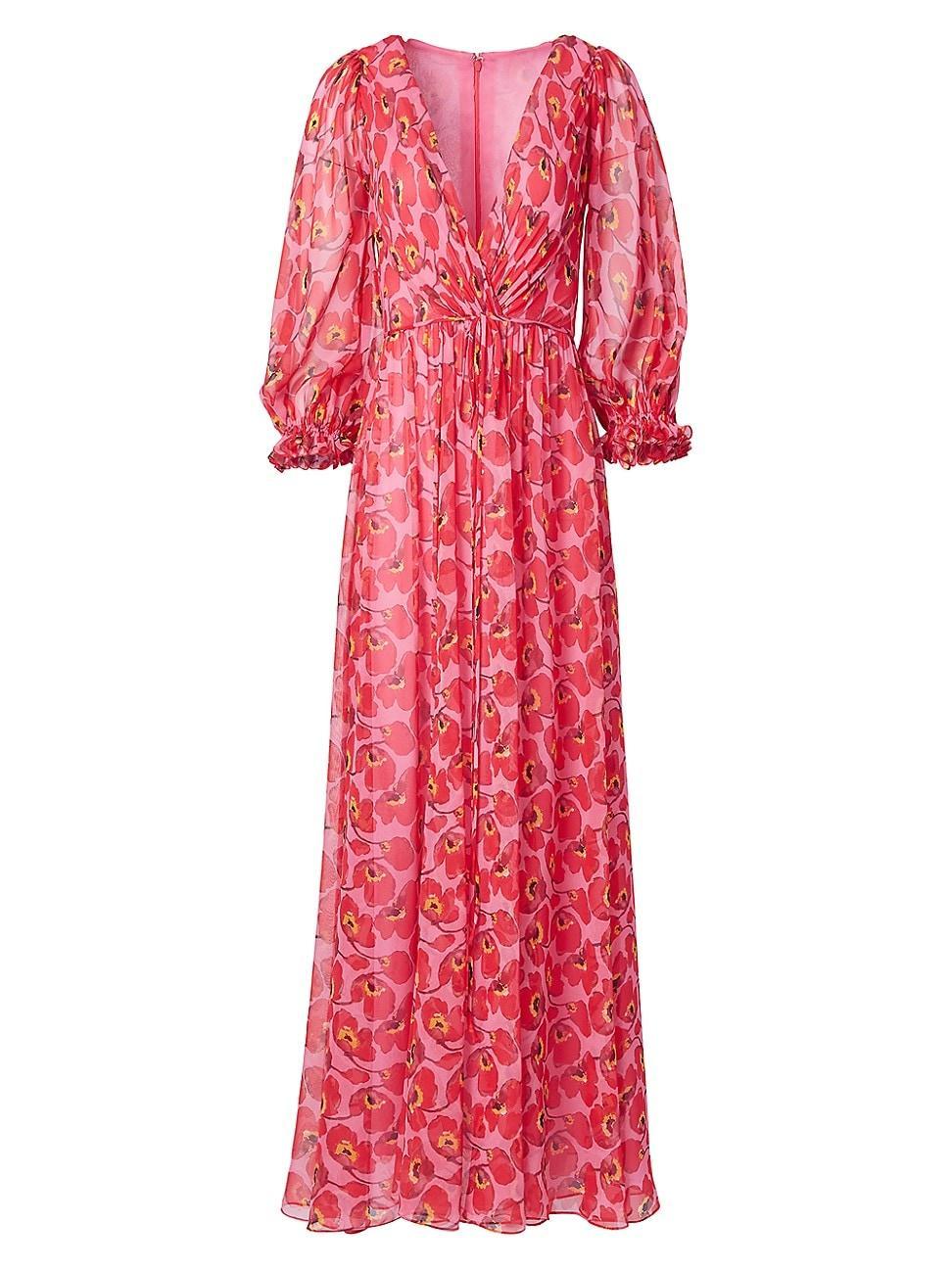 Womens V-Neck Floral Silk Maxi Dress Product Image