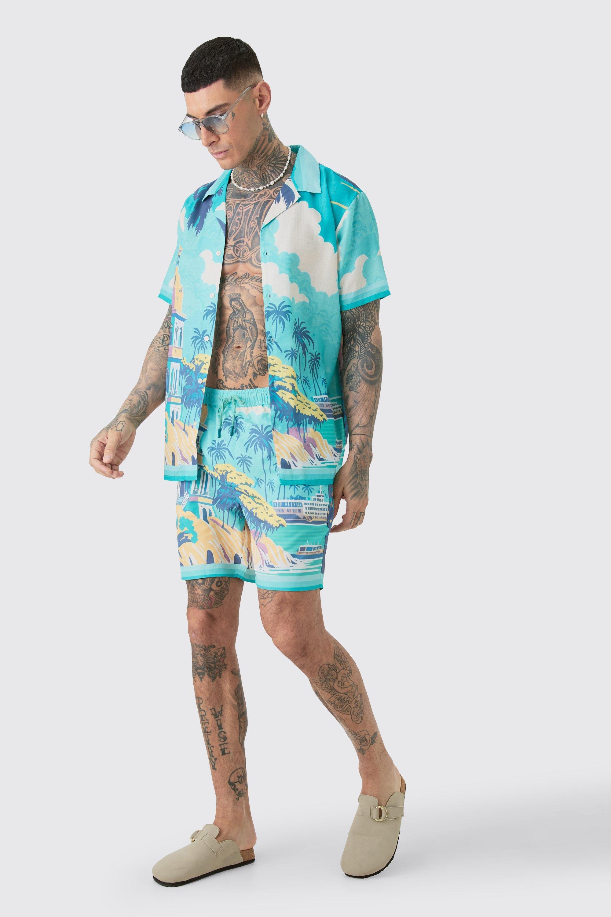 Tall Regular Landscape Print Shirt & Swim Trunks Set | boohooMAN USA Product Image