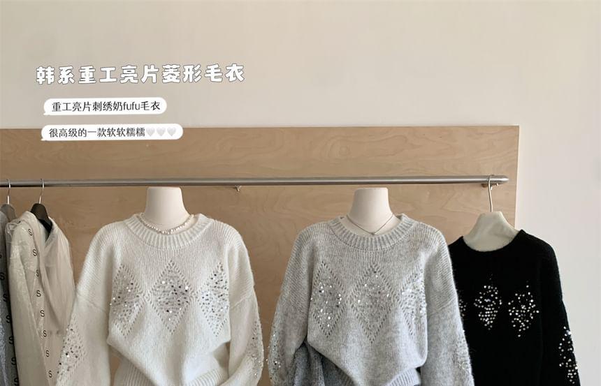 Crew Neck Rhinestone Sweater Product Image