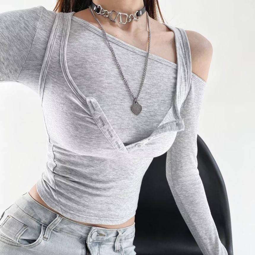 Set: Long Sleeve Cold-Shoulder Plain Slim-Fit Crop Top + Tank Top Product Image