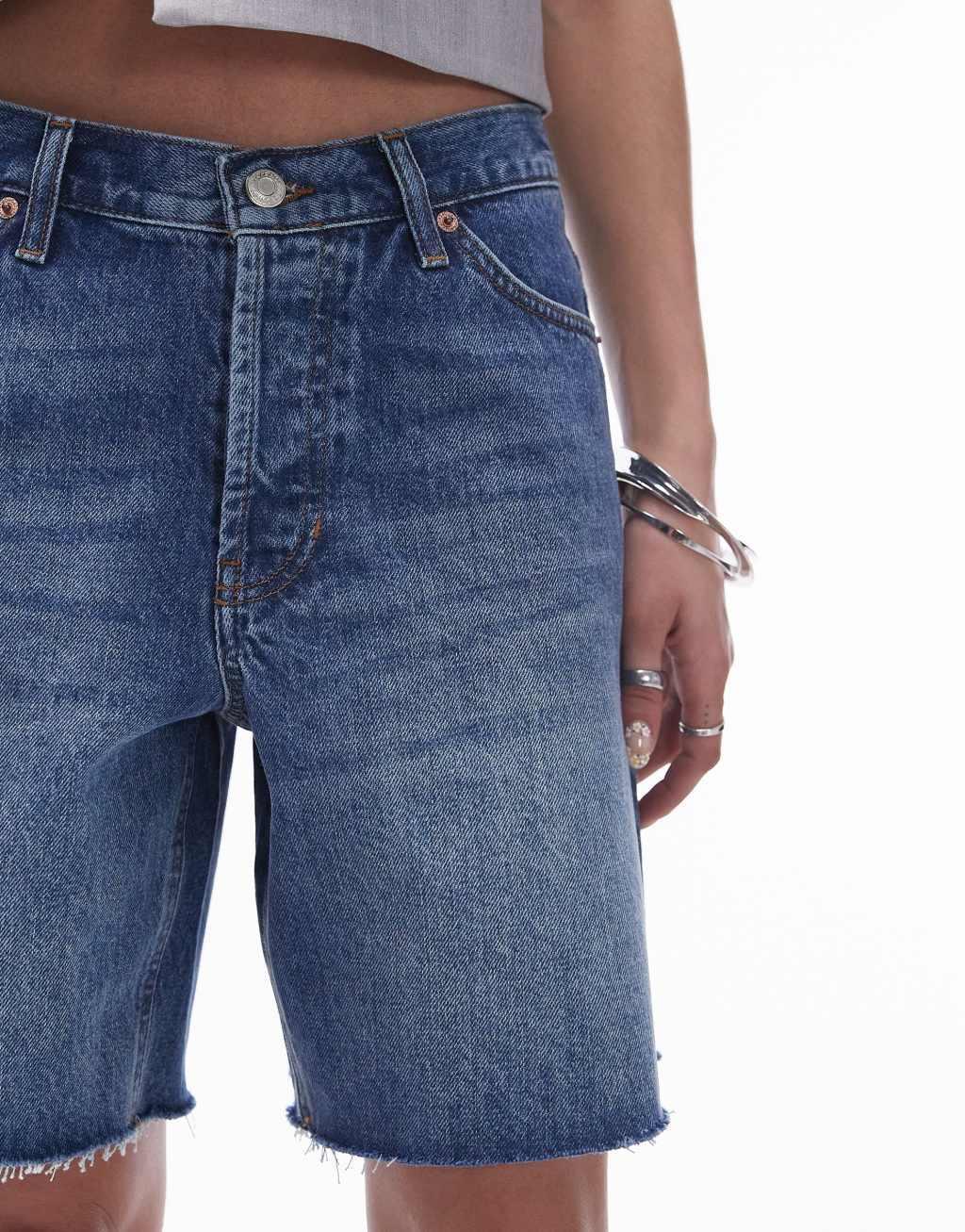 Topshop denim loose jorts in mid blue Product Image