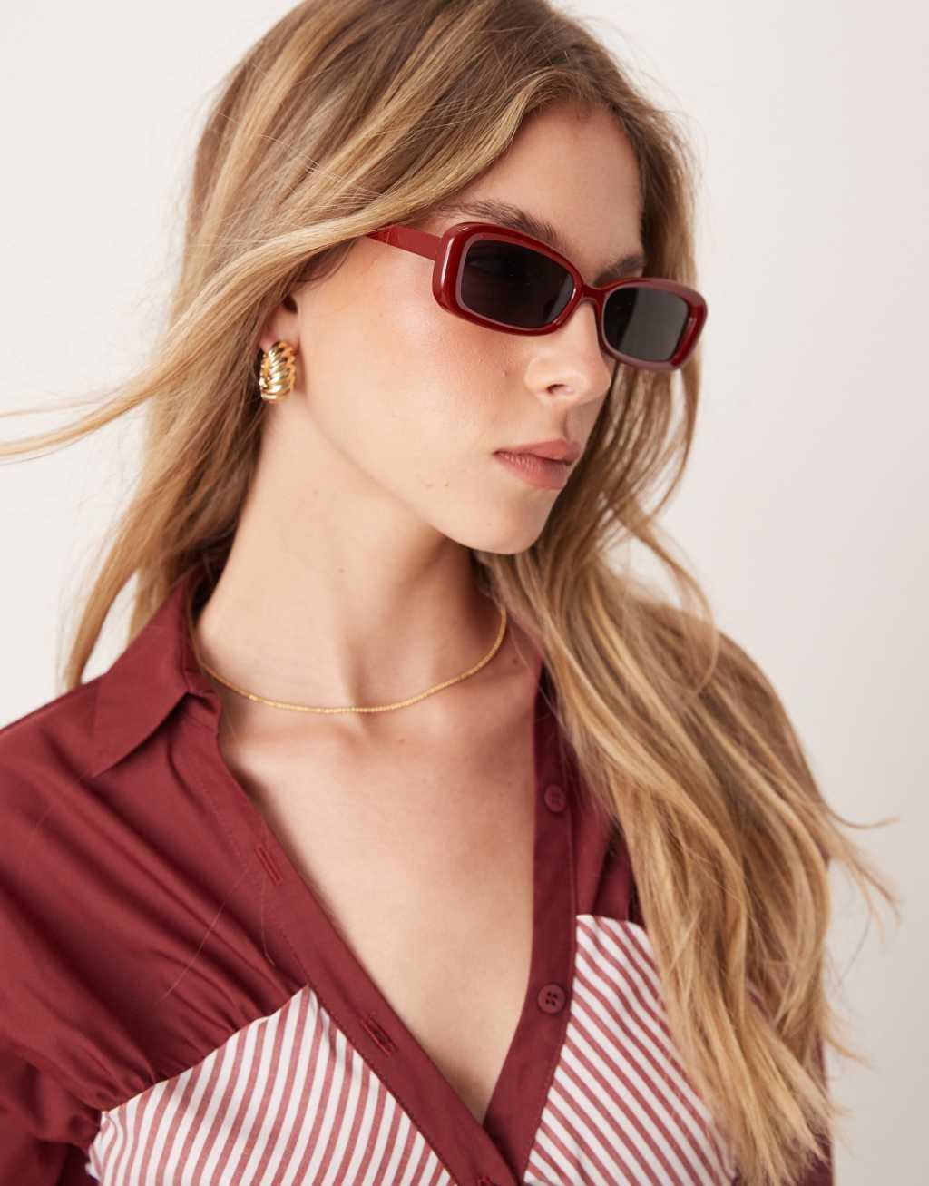 ASOS DESIGN narrow beveled square sunglasses in shiny red Product Image