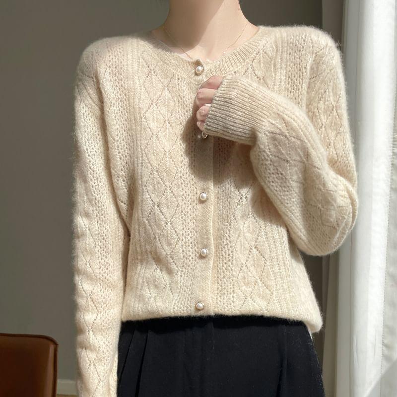 Round Neck Pointelle Faux Pearl Button Cardigan product image