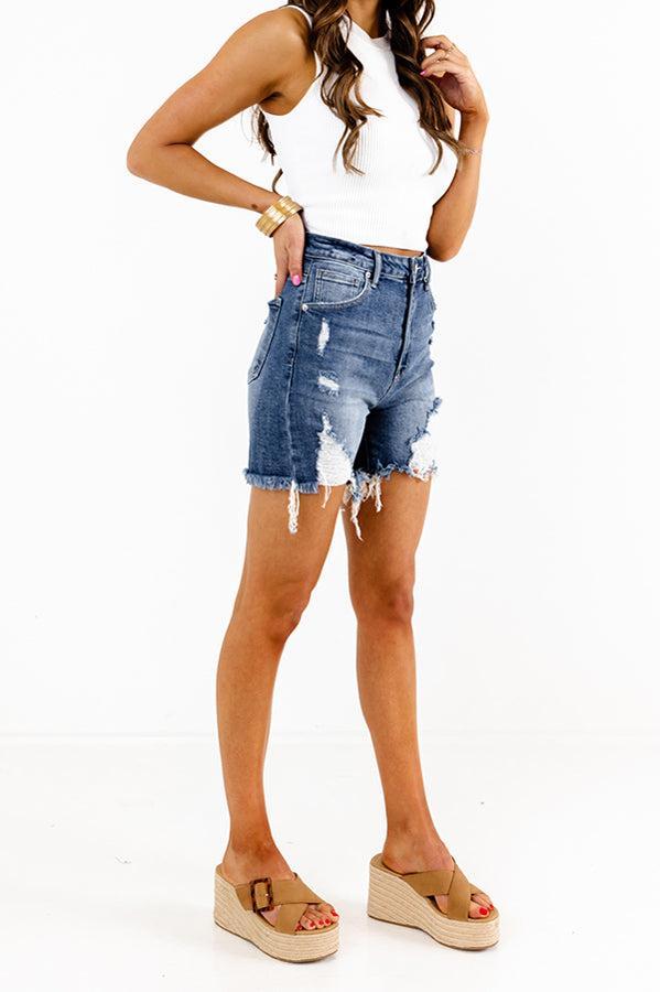 Risen The Mel High Waist Distressed Shorts In Medium Wash Product Image