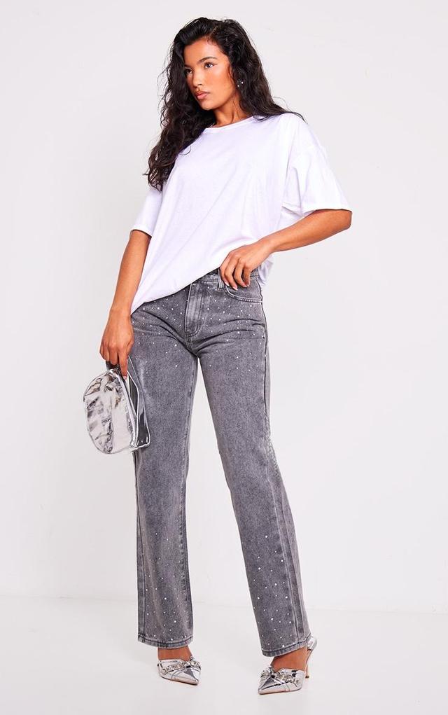 Washed Grey Diamante Straight Leg Jeans Product Image