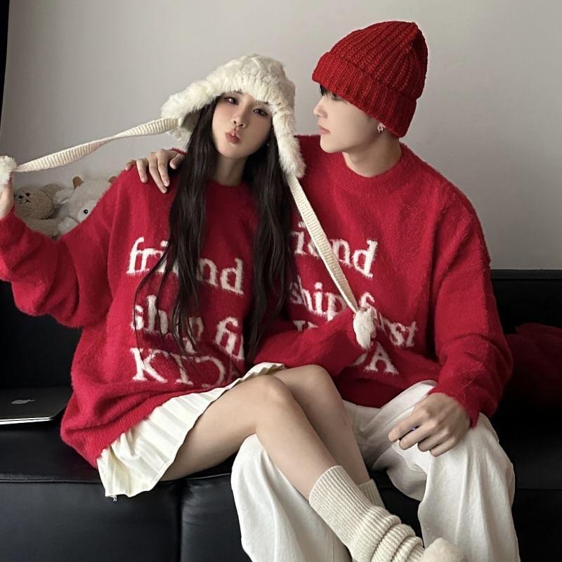 Couple Matching Round Neck Lettering Sweater Product Image