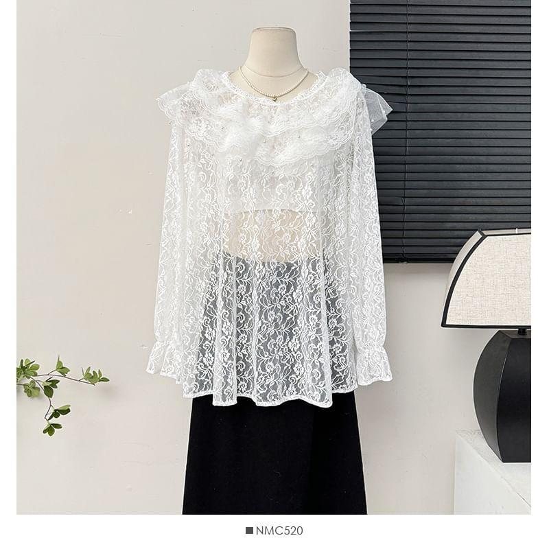 Overfit Ruffled Sheer Lace Blouse Product Image