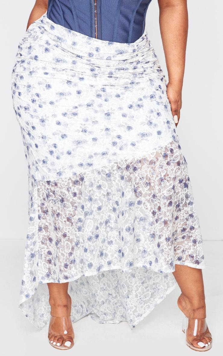 Plus Dusty Blue Floral Printed Lace Frill Hem Maxi Skirt Product Image