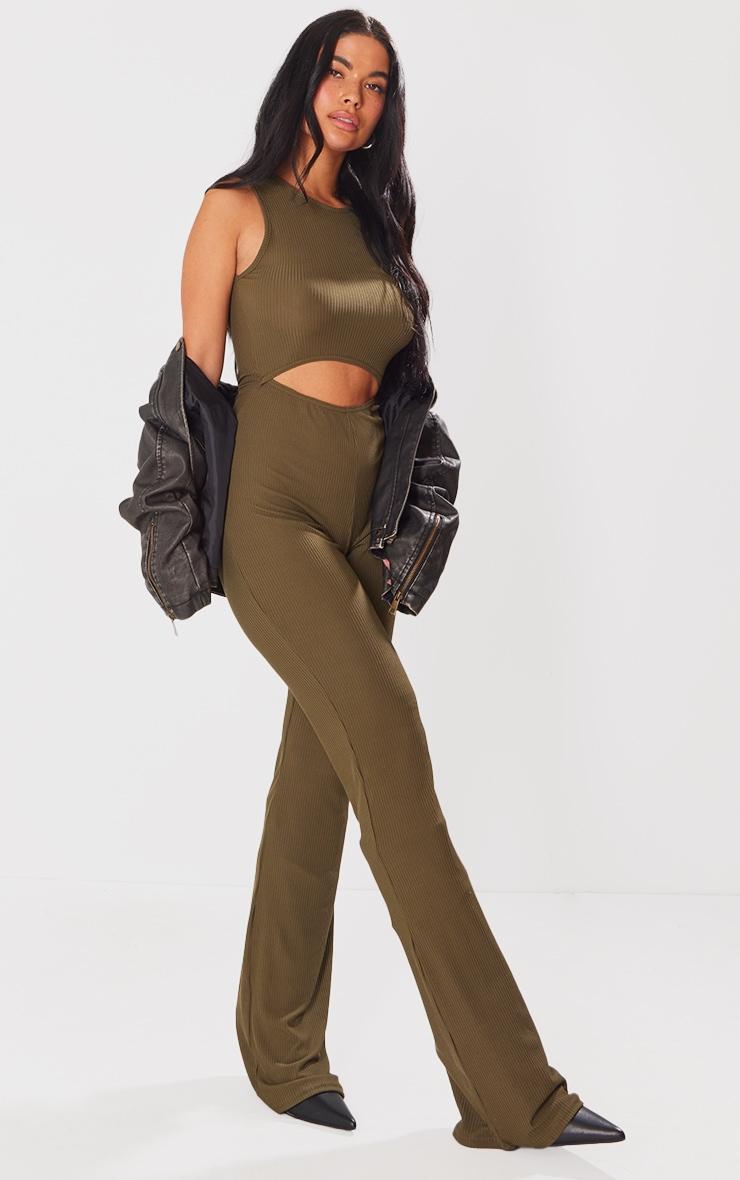 Khaki Ribbed Racer Cut Out Waist Jumpsuit Product Image