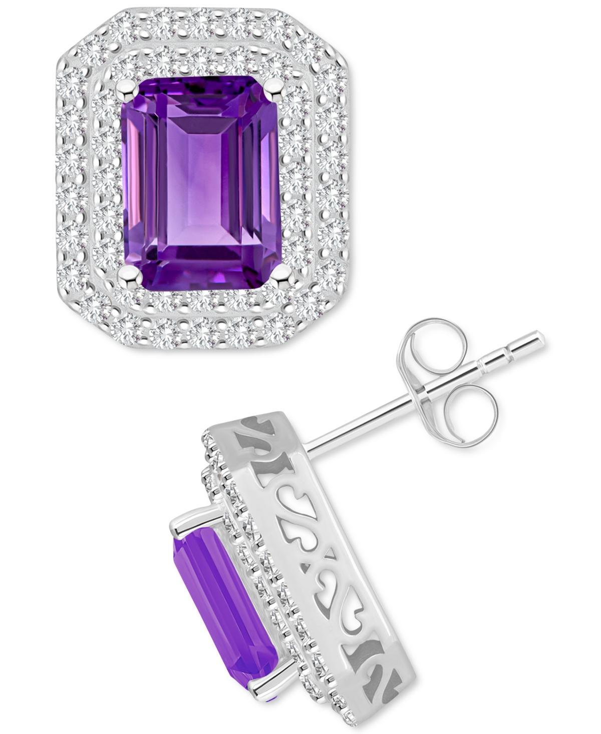 Celebration Gems Sterling Silver Emerald-Cut Amethyst & White Topaz Double Halo Stud Earrings, Womens, Purple Product Image