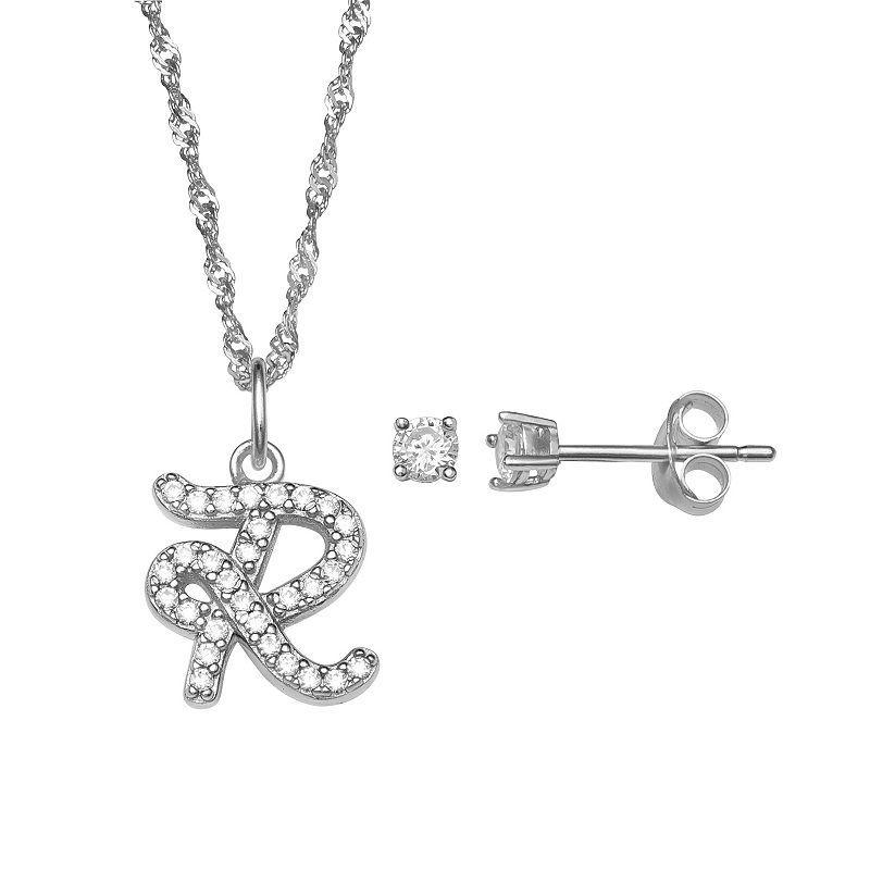 LC Lauren Conrad Sterling Silver Cubic Zirconia Stud Earrings & Initial Pendant Necklace Set, Womens Sterling Silver P Product Image