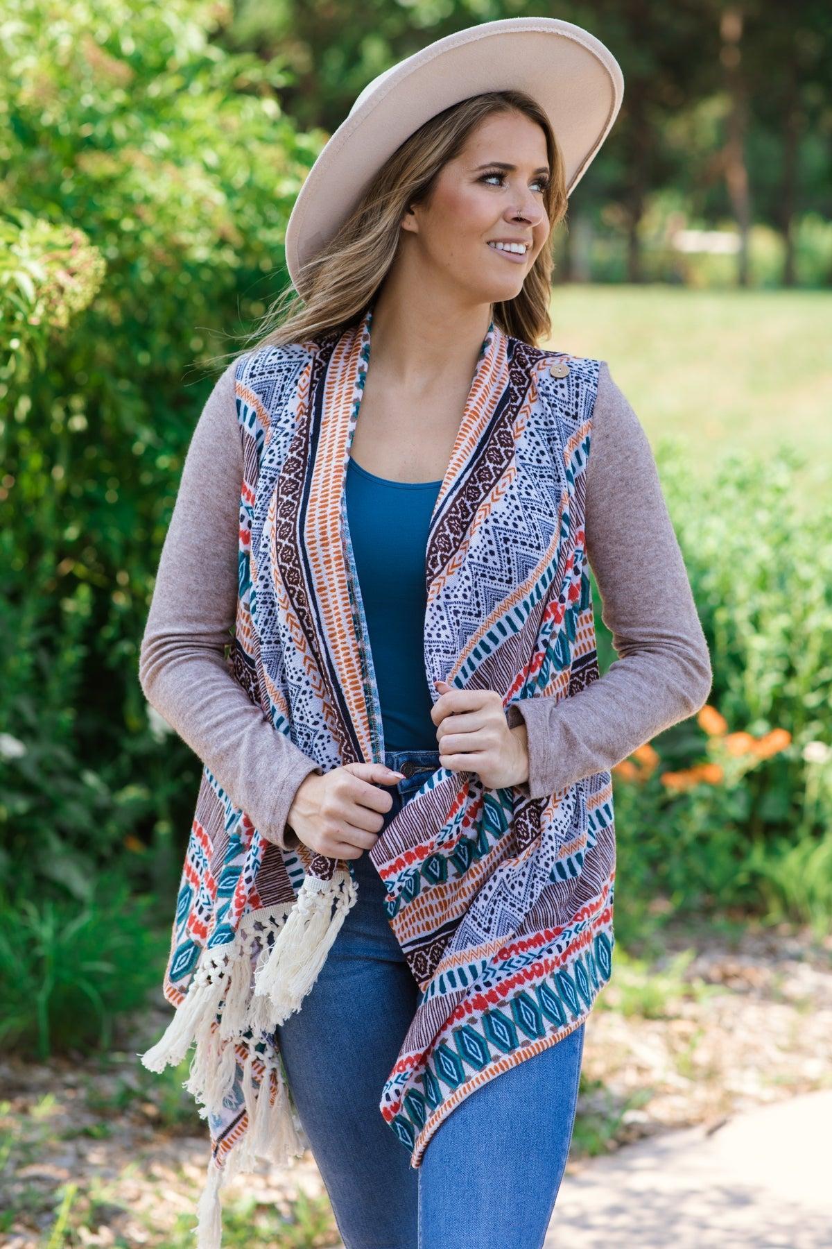 Taupe Multicolor Fringe Trim Aztec Cardigan Product Image