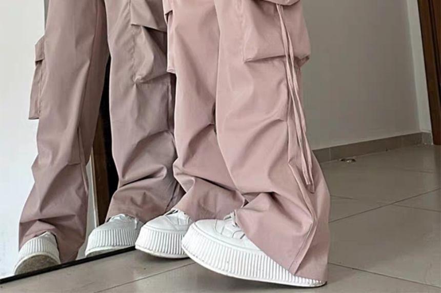 Mid Rise Plain Drawstring Cargo Baggy Pants Product Image