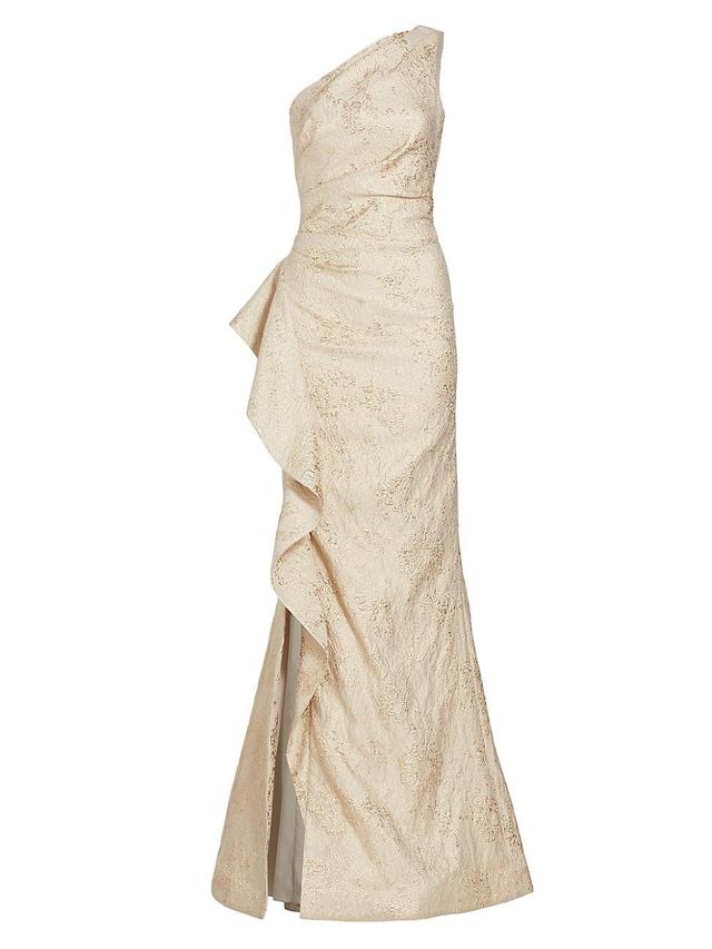 Womens Metallic Jacquard One-Shoulder Gown Product Image