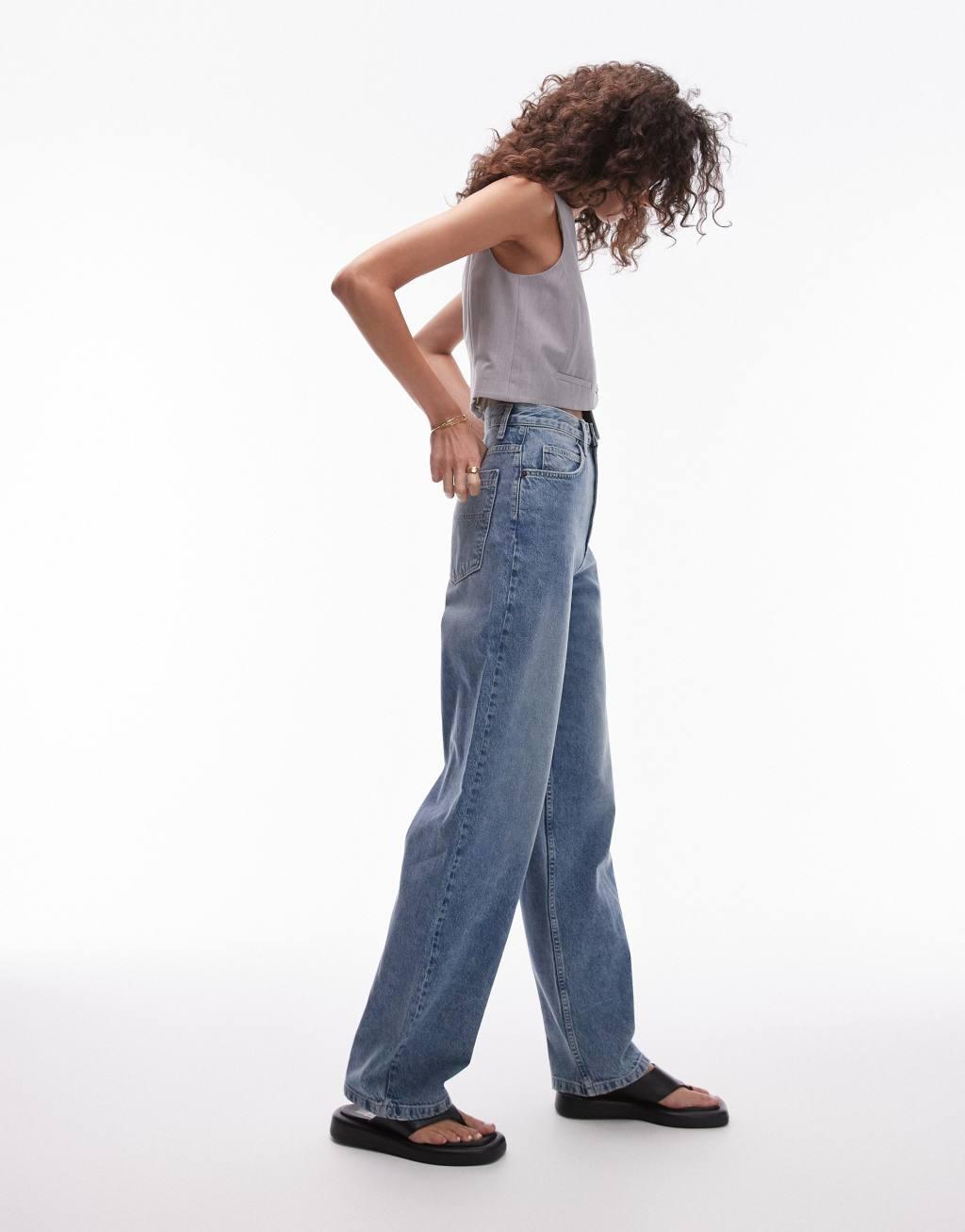 Topshop Tall high rise baggy jeans in extreme mid blue  Product Image