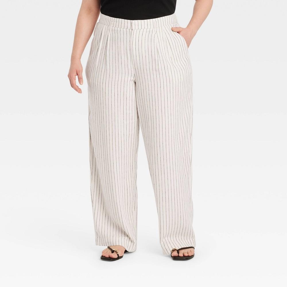 Womens High-Rise Linen Pleat Front Straight Pants - A New Day Cream/Black Pinstriped 17 Product Image