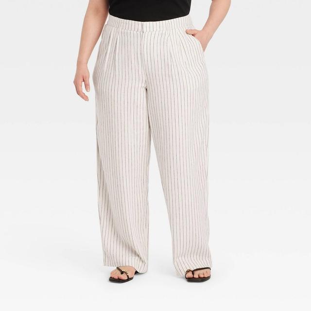 Womens High-Rise Linen Pleated Front Straight Pants - A New Day Cream/Black Pinstripe 17 Short Product Image