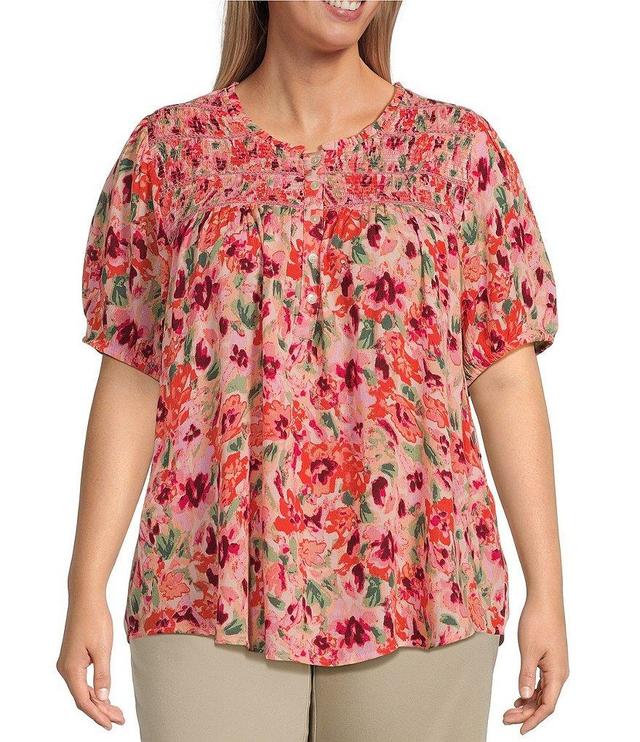 Intro Plus Size Floral Print Frill Scoop Neck Short Sleeve Smocked Yoke Lace Inset Half-Button Front Top Product Image