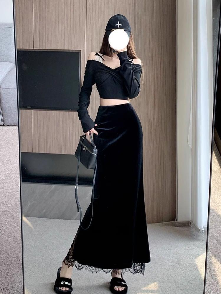 High Rise Lace Panel Velvet Midi Fishtail Skirt Product Image