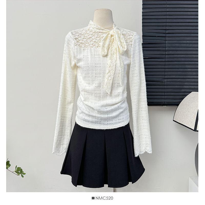 Lace-Panel Tie-Neck Lace Top Product Image