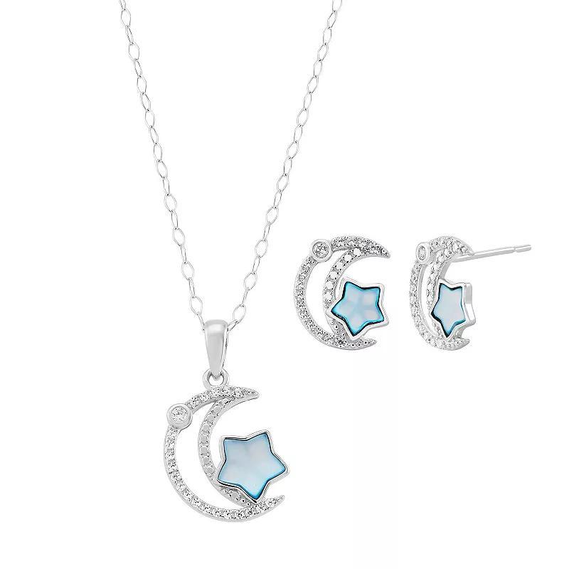 Sterling Silver Cubic Zirconia & Mother-of-Pearl Moon & Star Pendant Necklace & Stud Earrings Set, Womens White Product Image