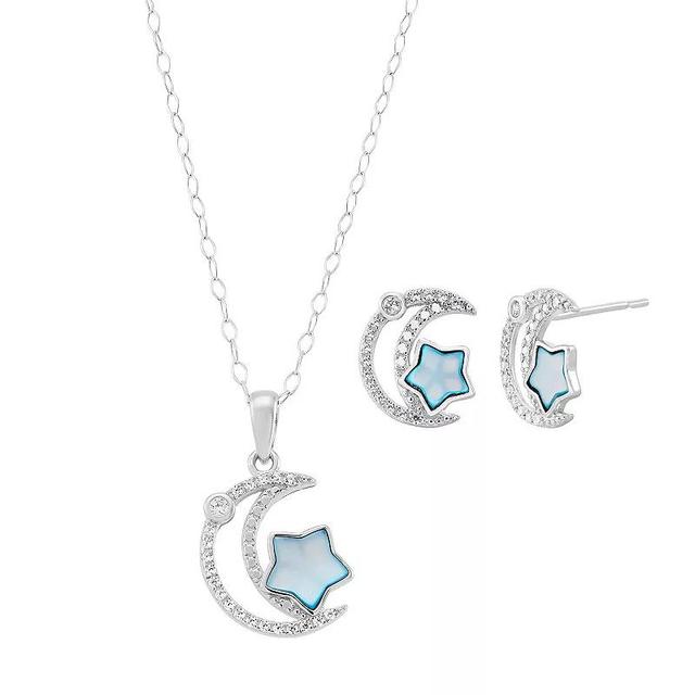 Sterling Silver Cubic Zirconia & Mother-of-Pearl Moon & Star Pendant Necklace & Stud Earrings Set, Womens Product Image