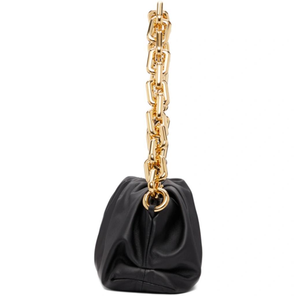 BOTTEGA VENETA The Chain Pouch Gathered Leather Clutch In Black Gold Product Image