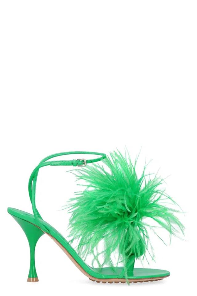 BOTTEGA VENETA Elegant Green Leather Sandals With Ostrich Feather Detail And Adjustable Ankle Strap For Women Product Image