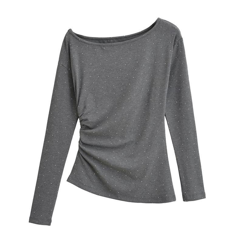 Long Sleeve One Shoulder Plain Ruched Tee Product Image