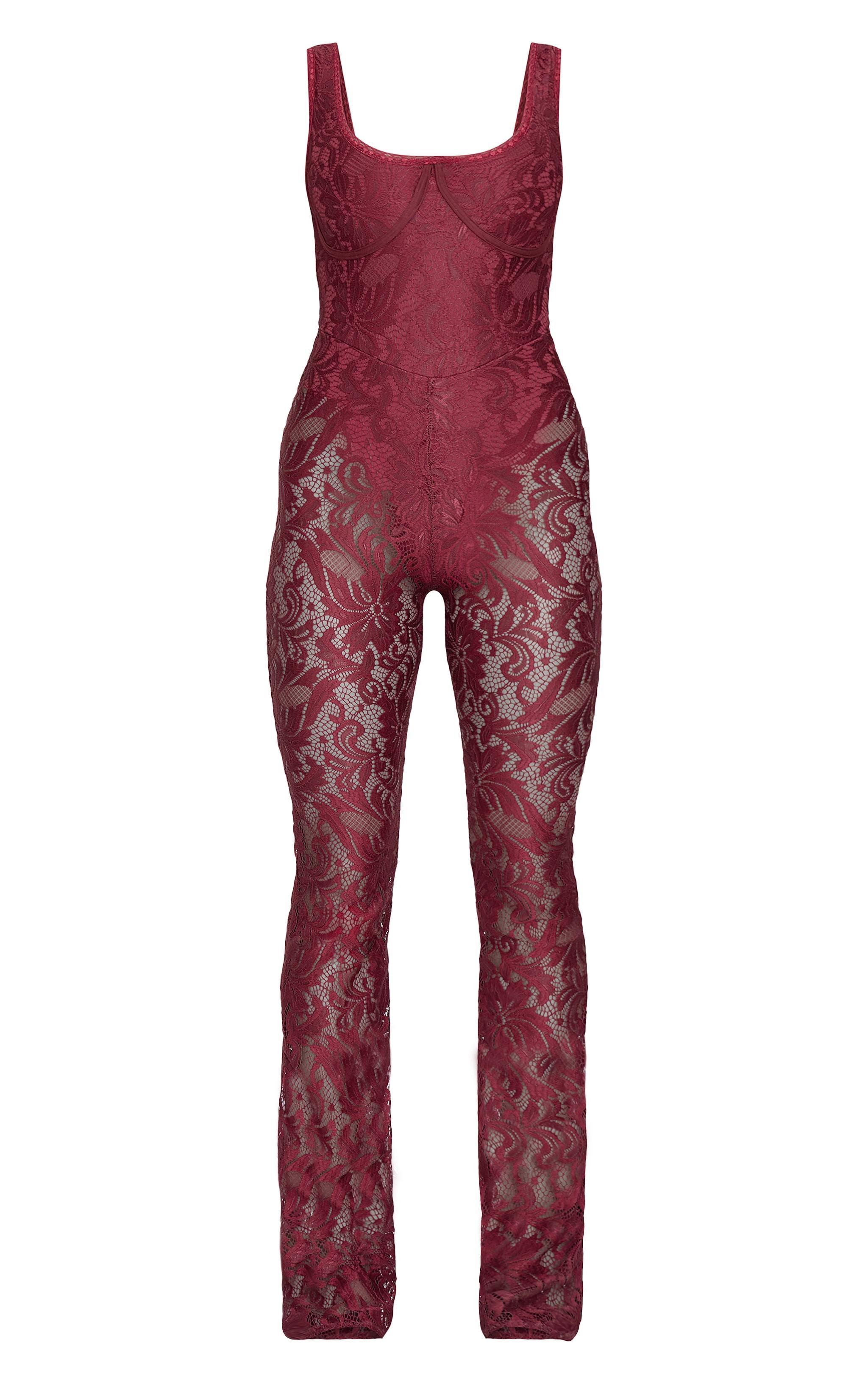 Burgundy Lace Boning Detail Flared Jumpsuit Product Image