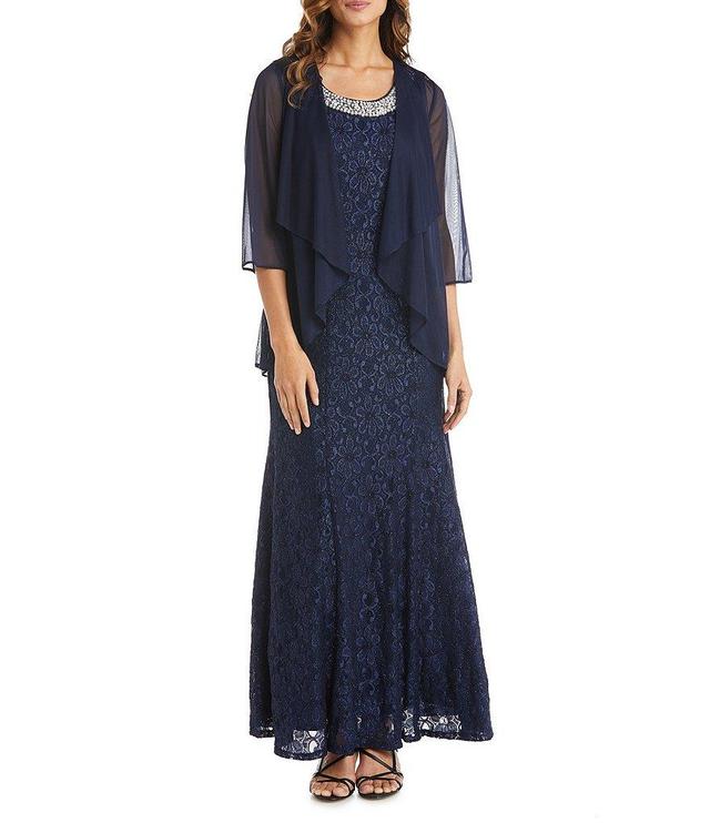 R & M Richards Glitter Lace Beaded Neck 2-Piece Jacket Gown Product Image