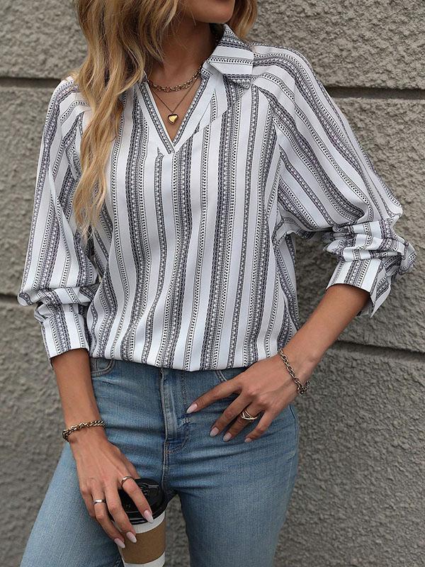 Long Sleeves Loose Buttoned Split-Joint Striped Lapel Blouses&Shirts Tops Product Image