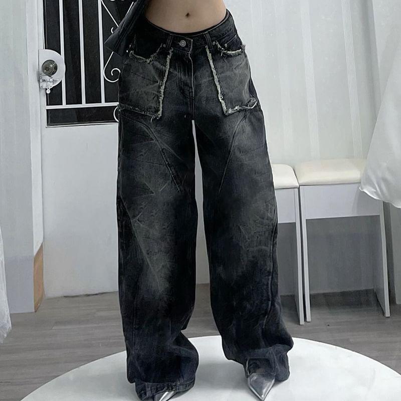 Low Waist Washed Loose-Fit Wide-Leg Jeans Product Image