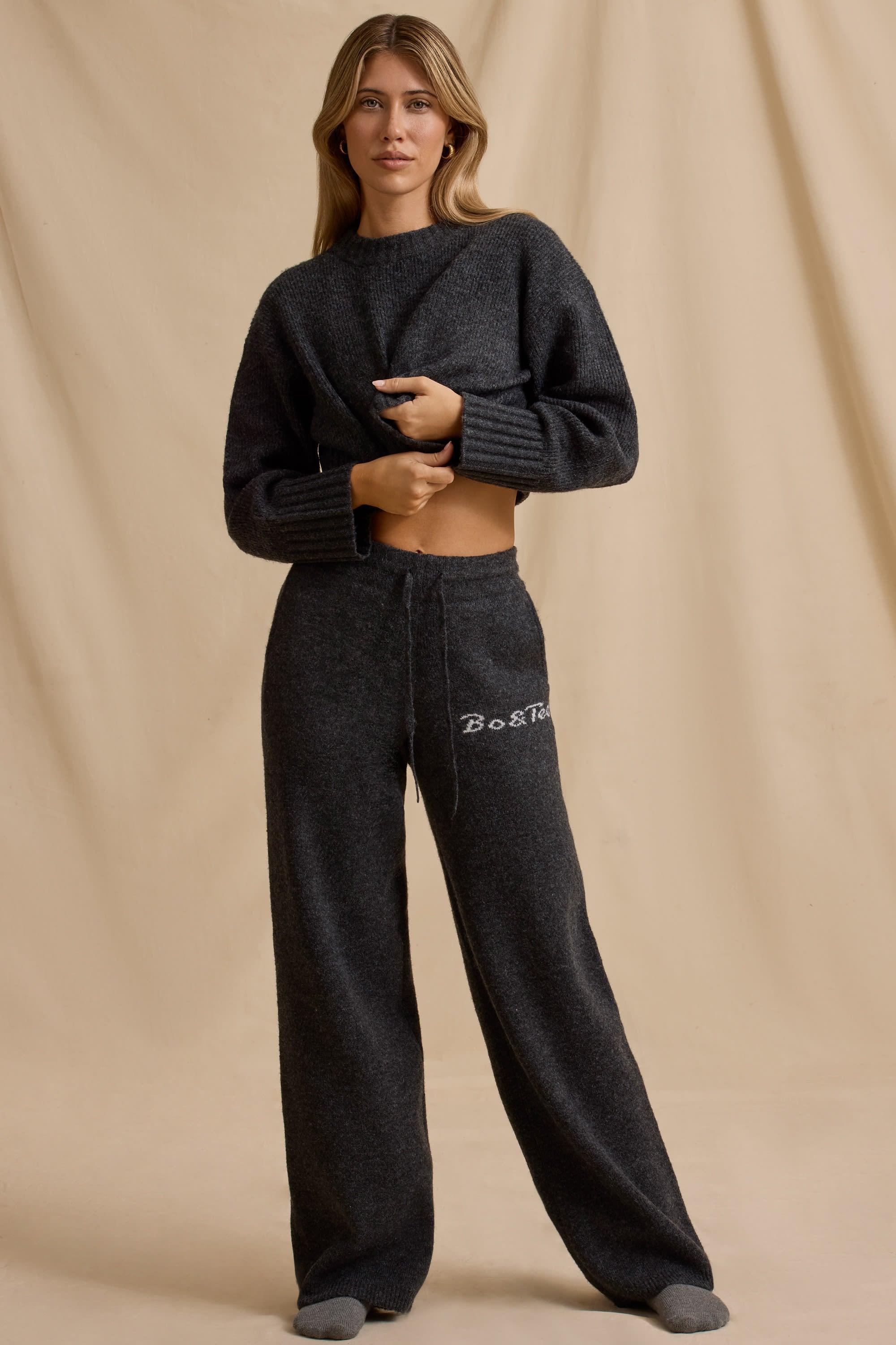 Mid-Rise Wide-Leg Joggers in Charcoal Marl Product Image