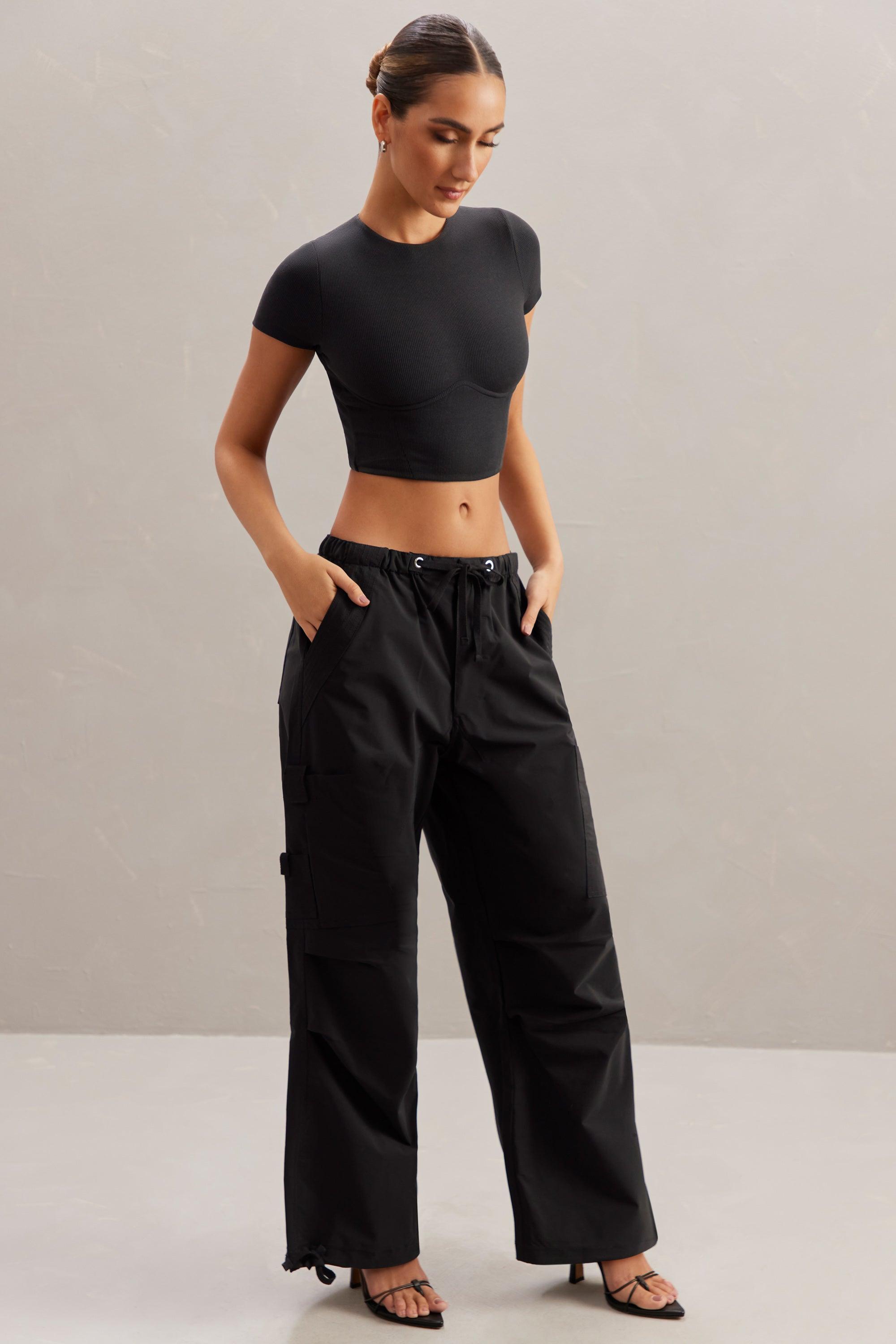 Wide Leg Cargo Trousers in Black Product Image