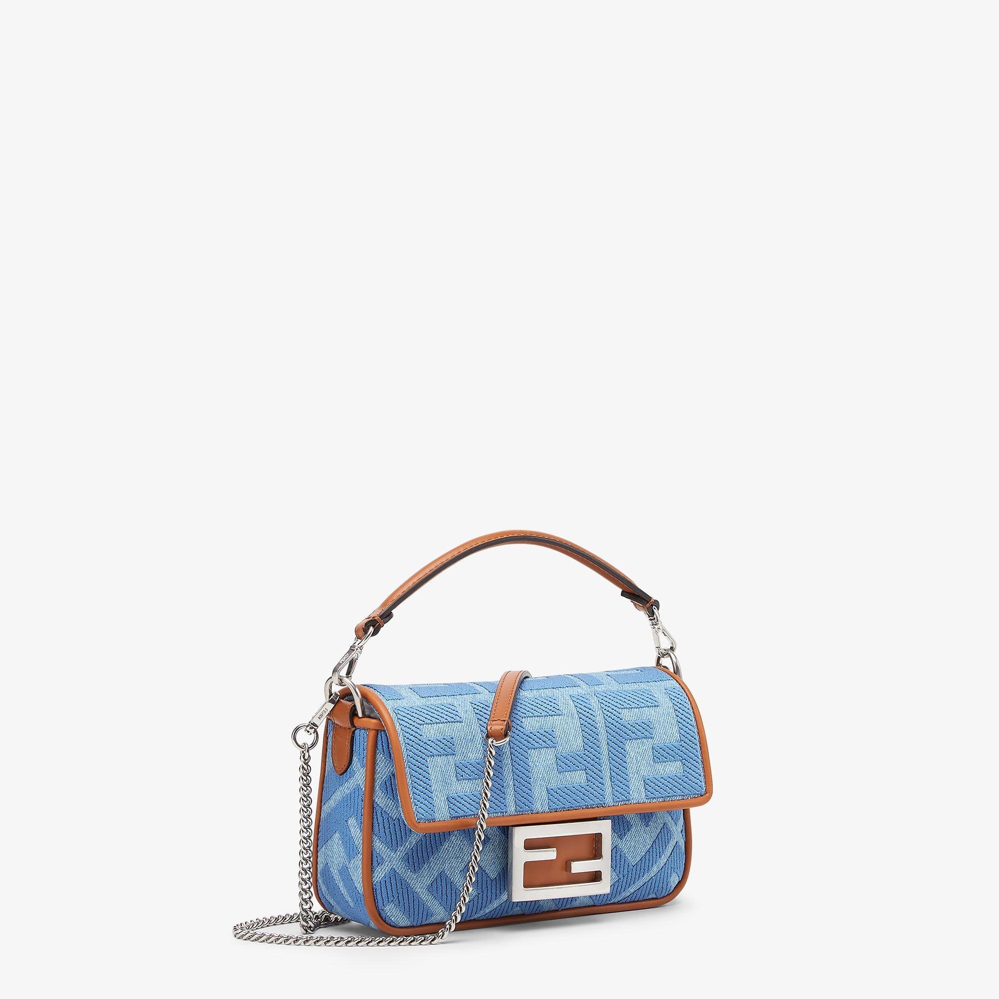 Baguette MiniLight blue denim bag with FF embroidery Product Image