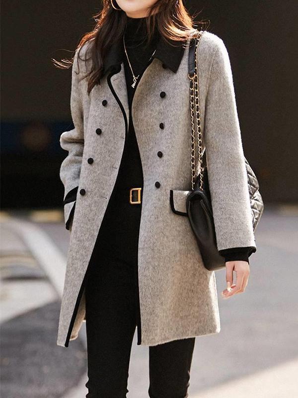 Long Sleeves Loose Buttoned Pockets Split-Joint Lapel Woolen Coat Product Image