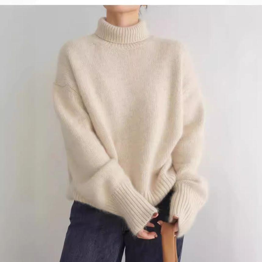 Long-Sleeve High Neck Plain Sweater Product Image