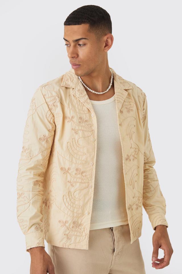 Long Sleeve Revere Embroidered Artwork Shirt | boohooMAN USA Product Image