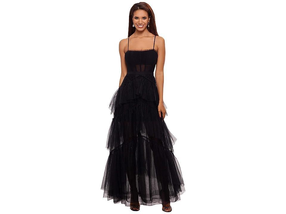 Betsy  Adam Illusion Tiered Ruffled Tulle Square Neck Mesh Sleeveless Gown Product Image