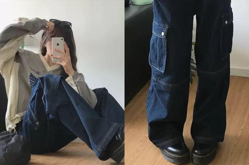 High Waist Wide Leg Cargo Jeans Product Image