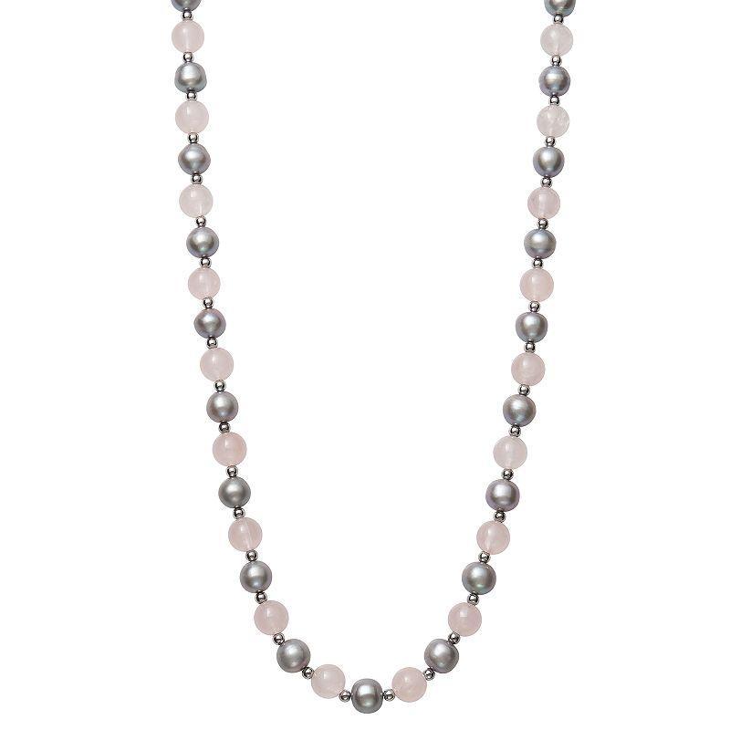 Sterling Silver Gray Freshwater Cultured Pearl & Rose Quartz Necklace, Womens Product Image