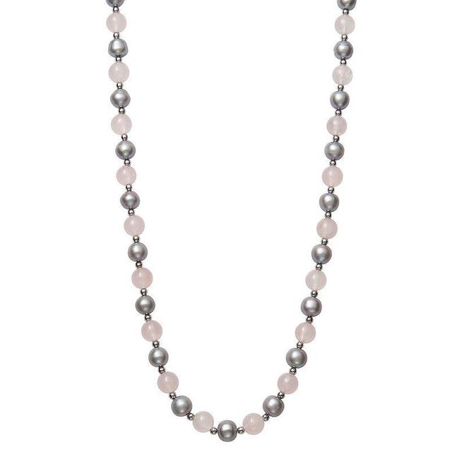 Sterling Silver Gray Freshwater Cultured Pearl & Rose Quartz Necklace, Womens Product Image