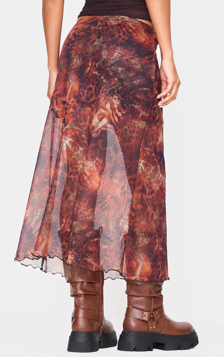 Brown Leopard Print Asymmetric Hem Mesh Midi Skirt Product Image