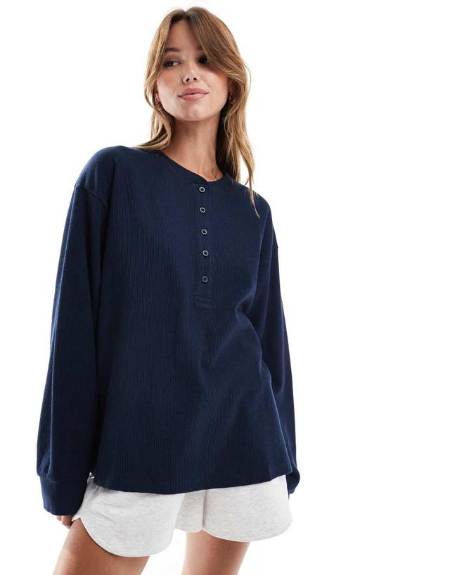 ASOS DESIGN oversized long sleeve henley in waffle navy Product Image